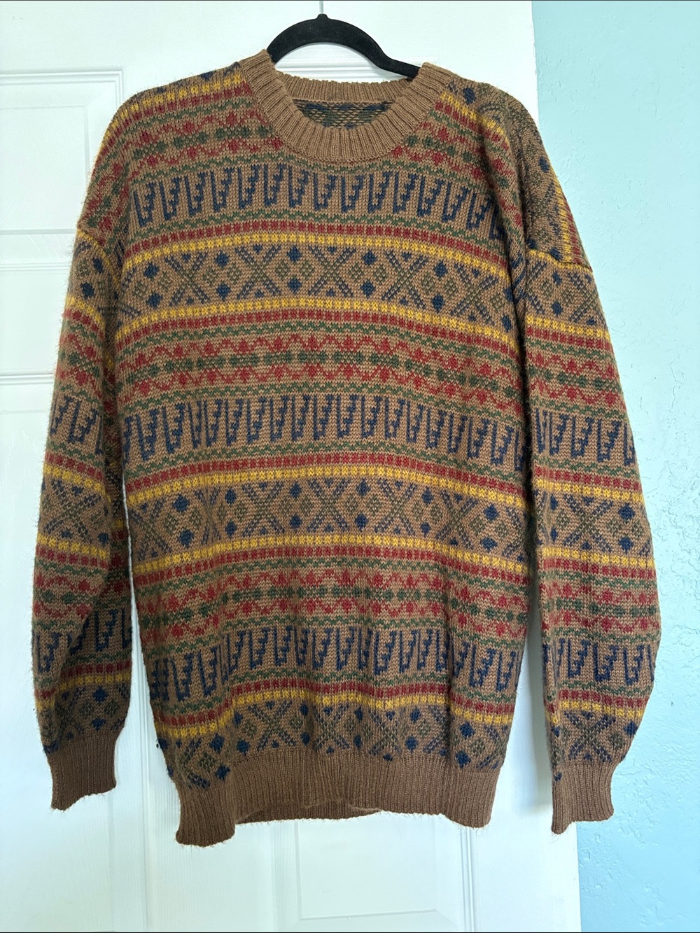 Men's Brown Peruvian Alpaca Crewneck Sweater - Multicolor Pattern